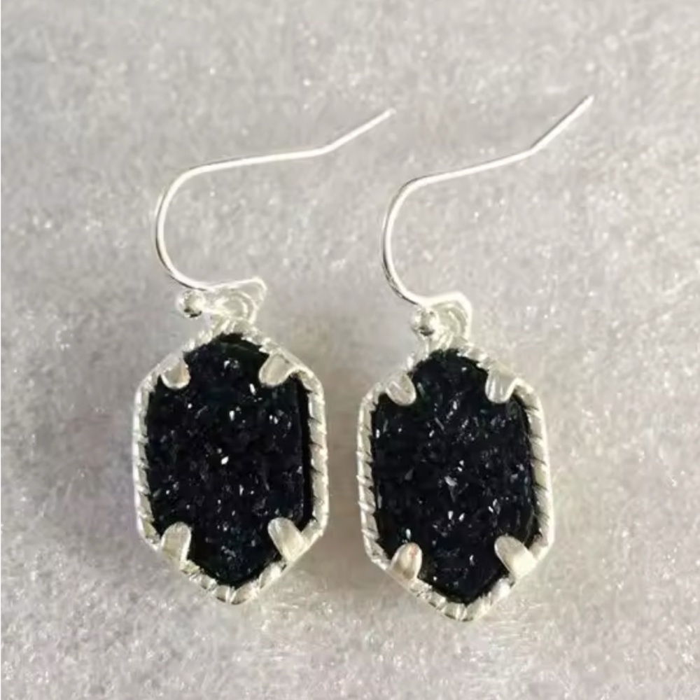 small Black Silver Crystal hexagon Dangle earrings